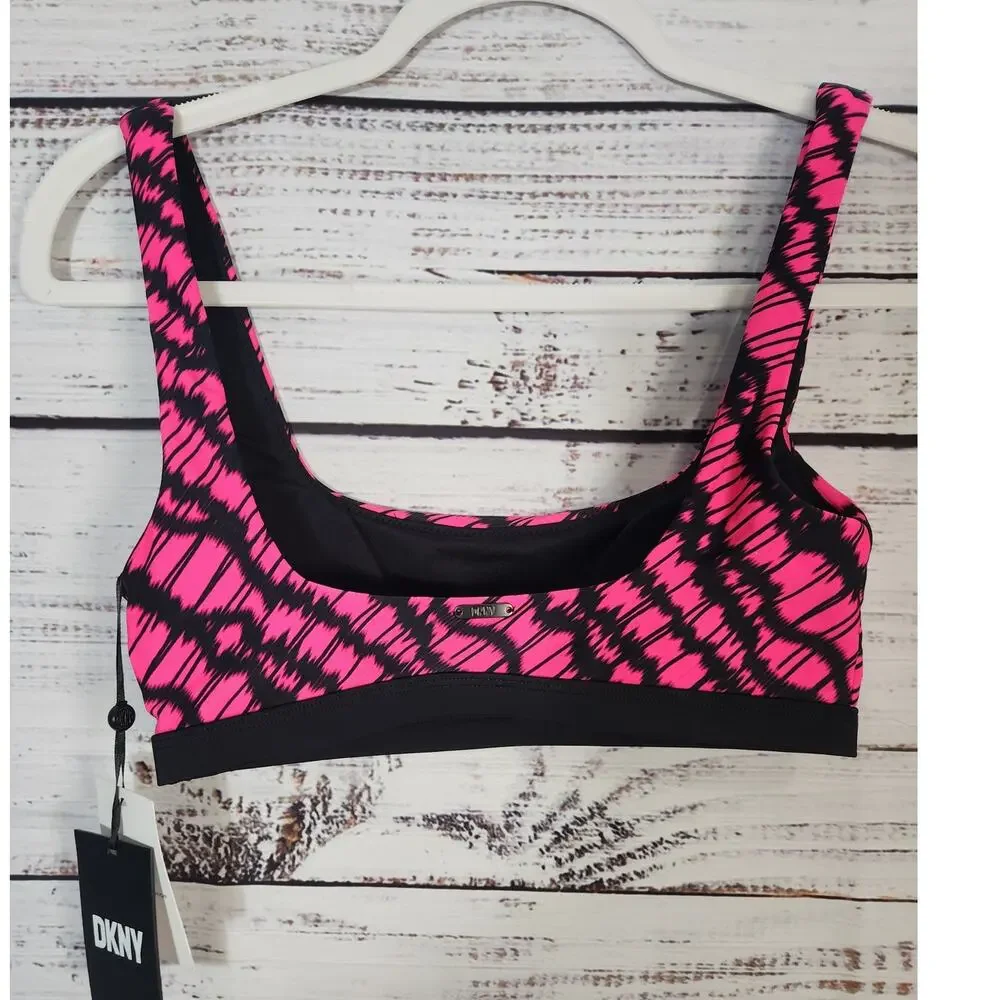 DKNY Women's Printed Square Neck Bikini Top Hot pink/black XS